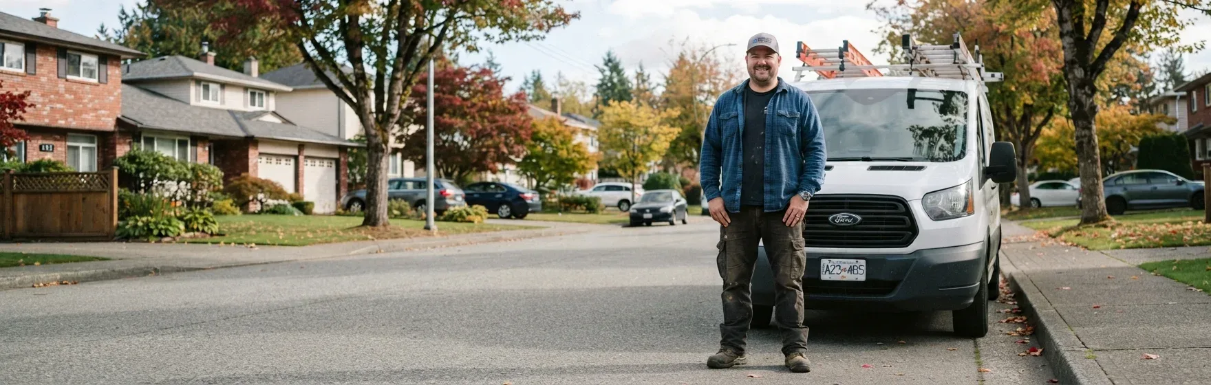 Henday appliance repair technician standing in front of the service van