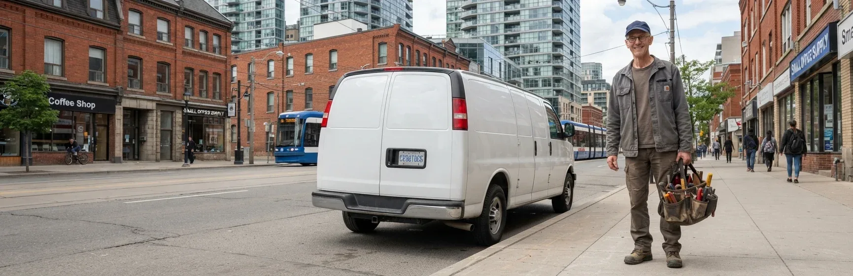 Henday appliance repair technician standing in front of the service van