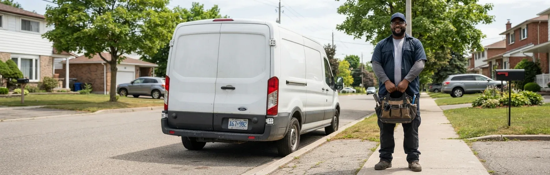 Henday appliance repair technician standing in front of the service van